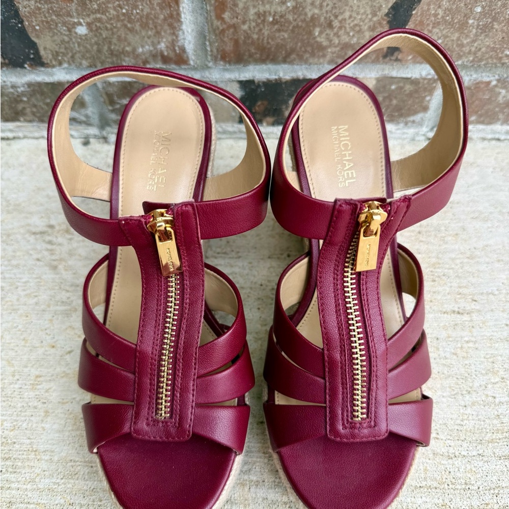 Michael Kors Berkley Leather Espadrille Wedge Sandals Size 7 Womens Burgundy